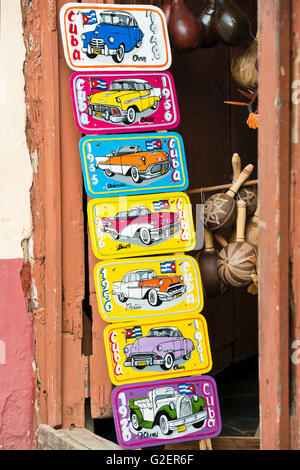 Vertical view of a shop selling plaques of classic cars in Trinidad, Cuba. Stock Photo