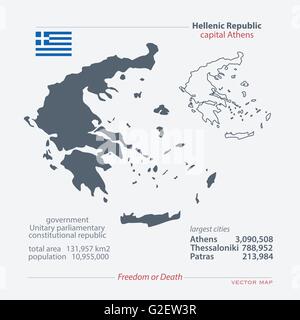 Hellenic Republic isolated maps and official flag icon. vector Greece political map icons with general information. European cou Stock Vector