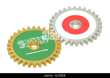 Japan and Saudi Arabia flags on a gears, 3D rendering isolated on white background Stock Photo