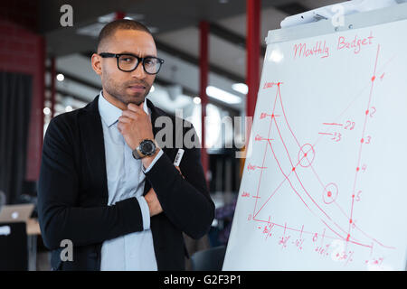 Pensive businessman thinking about something at the flipchart in the office Stock Photo