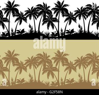 Palms and flowers silhouettes, set seamless Stock Vector