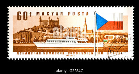Postage stamp from Hungary depicting a diesel hydrobus Bratislava Castle and Czechoslovakian flag 25th session Danube Commission Stock Photo
