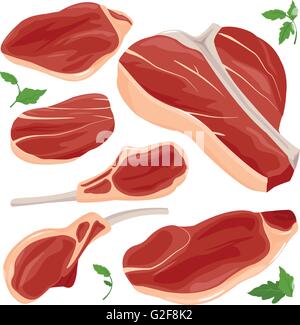 Red raw meat and steaks. Ribs, chops, butchery slices of cut beef meat for cooking and barbecue. Vector illustration Stock Vector