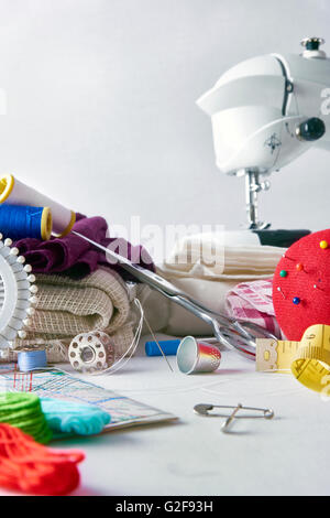 Sewing machine and useful for sewing close up. Vertical composition. Front view Stock Photo