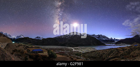 When the evening twilight was fading to darkness above Tibet, this panoramic image captured the starry sky above Laigu Glacier a Stock Photo