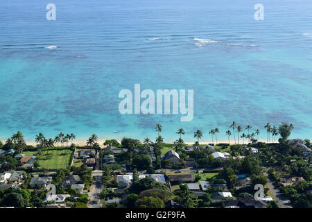 Elevated view overlooking the coastline of Lanikai Beach, Oahu, Hawaii. Stock Photo