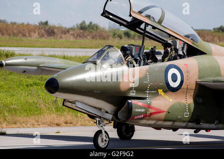 Hellenic Air Force pilots sitting inside a T-2E Buckeye, Kalamata, Greece. Stock Photo