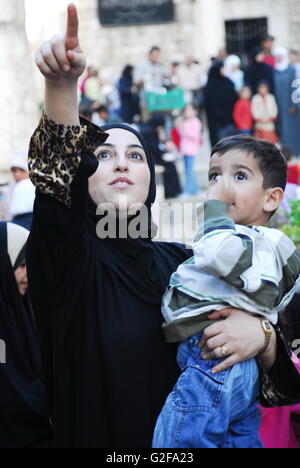 Damascus - Around Umayyad Mosque, Mother in Hijab and Boy Stock Photo