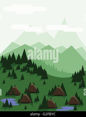 Abstract landscape with pine trees, brown houses, blue lakes, green hills and mountains, over a light green background with whit Stock Vector