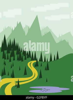 Abstract landscape with pine trees, an yellow curved road, purple lake, green hills and mountains, over a light green background Stock Vector