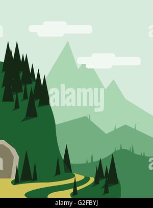 Abstract landscape with pine trees, an yellow curved road, a tunnel entry, green hills and mountains, over a light green backgro Stock Vector