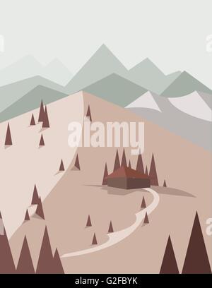 Abstract landscape in red style with pine trees, a house with a road, green hills and mountains, over a light background. Digita Stock Vector