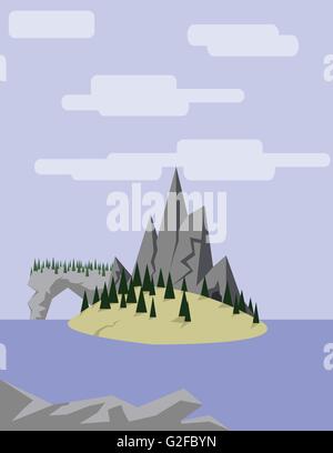 Abstract landscape with an yellow island on purple waters with pine trees, hills and mountains, over a light purple background w Stock Vector