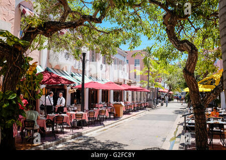 Restaurants hotels and shops on Espanola Way, a Mediterranean style street in South Beach Miami Stock Photo