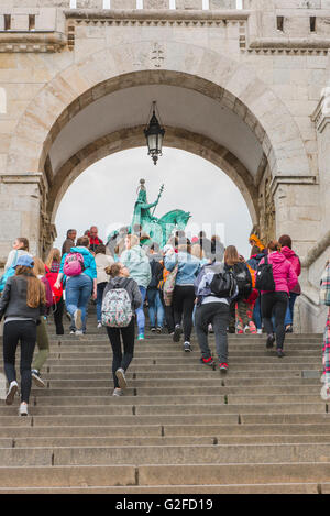 Hungary education, view of a group of students on a field trip arriving at the Fishermens Bastion on the Buda side of the city of Budapest, Hungary. Stock Photo