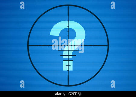 Question mark in the center of the target on blue background Stock Photo