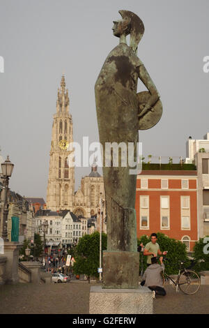 Minerva statue and Onze-Lieve-Vrouwe cathedral, Antwerp Belgium