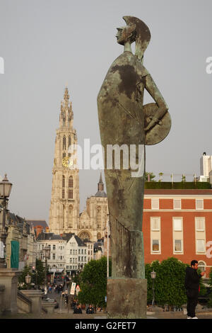 Minerva statue and Onze-Lieve-Vrouwe cathedral, Antwerp Belgium Stock Photo