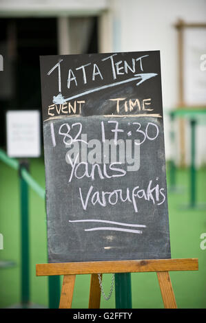 Yanis Varoufakis former finance minister of Greece sign outside Tata Tent at Hay Festival 2016 Stock Photo