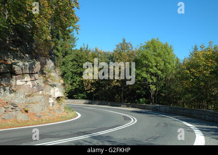 Sharp turn (so-called 'death turn') on mountain road nearby Szklarska Poreba in Karkonosze mountains in Poland Stock Photo