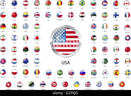 Round glossy icons with metallic border, flags of world sovereign states Stock Vector