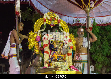 Brahmin Priests On Float (Chariot) Blessing Devotees  At Night In Downtown Stret, Mamallapuram (Mahabalipuram) Stock Photo