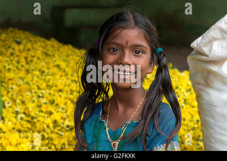 Girl At Flower Market, Madurai, Tamil Nadu Stock Photo