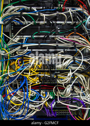 complex wiring in computer server air conditioned machine room Stock Photo