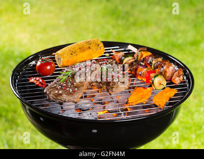 Various kind of meat served on grill with grass on background Stock Photo