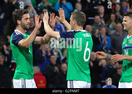 Northern Ireland 3 Belarus 0 - International Football Friendly 27th May 2016. Will Grigg (left) celebrates after scoring Northern Ireland's third goal. Stock Photo