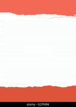Red torn paper pieces are stuck on lined notebook sheet Stock Vector