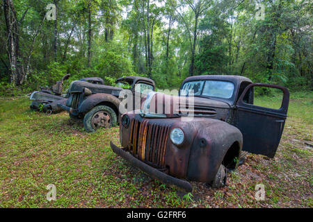 Old rusted abandoned cars and trucks in Crawfordville Florida Stock Photo