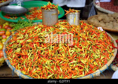 Fresh red chili peppers on Tomohon Traditional Market. North Sulawesi. Indonesia Stock Photo