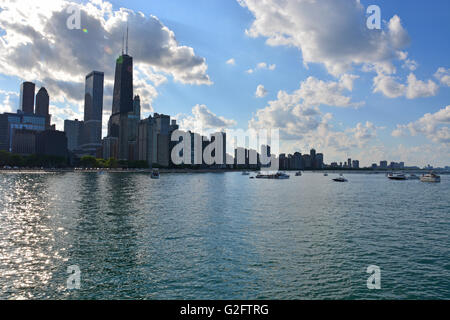 Party boats sit off of Milton Olive Medal of Honor Park in 'The Playpen' off the Streeterville neighborhood. Stock Photo