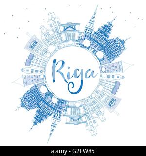 Outline Riga Skyline with Blue Landmarks and Copy Space. Vector Illustration. Business Travel and Tourism Concept with Historic Stock Vector