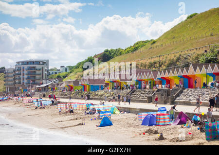 Beach huts overlooking North Bay beach, Scarborough, North Yorkshire, England, United Kingdom Stock Photo