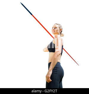 Sportswoman holding a javelin on a white background Stock Photo