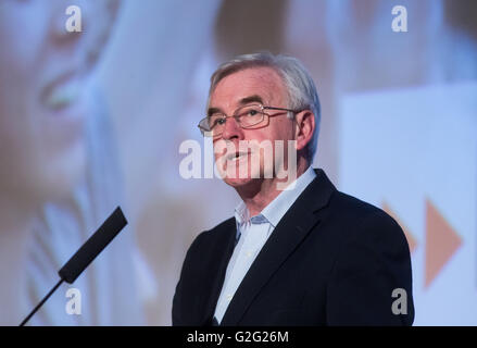 Shadow Chancellor,John McDonnell,speaks at a 'Vote In' rally in London ahead of the June 23rd EU Referendum Stock Photo