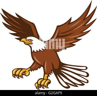 Illustration of an american bald eagle flying swooping viewed from the side set on isolated white background done in retro style. Stock Vector