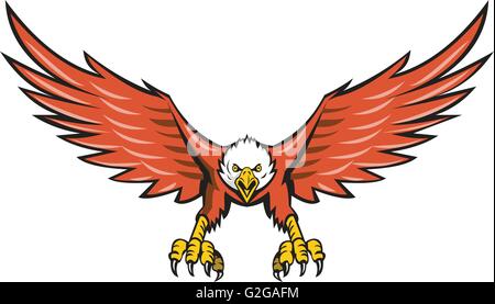 Illustration of an american bald eagle flying swooping viewed from front with usa american stars and stripes flag in its wings set on isolated white background done in retro style. Stock Vector