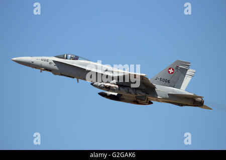 Swiss Air Force F-18 Hornet fighter jet taking off from Zaragoza airbase Stock Photo