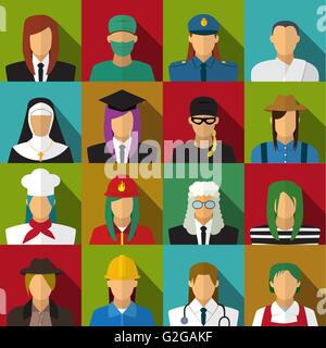 Set of 16 woman job icons in flat with long shadow, vector Stock Vector