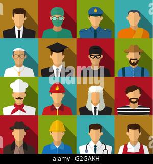 Set of 16 men job icons in flat with long shadow, vector Stock Vector