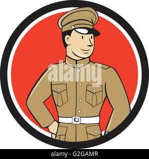 Illustration of a World War one British officer soldier serviceman standing looking to the side viewed from front set inside circle on isolated background done in cartoon style. Stock Vector