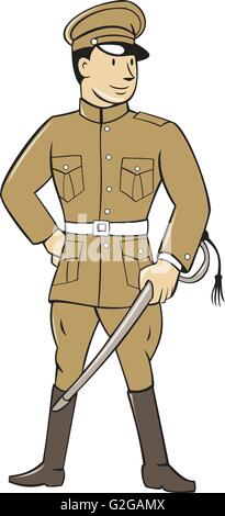 Illustration of a World War one British officer soldier serviceman standing holding sword looking to the side viewed from front Stock Vector