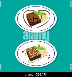 Fudge Brownie on dish with icecream, vector food Stock Vector