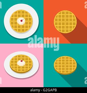 Waffle with ice cream on plate in flat style, vector Stock Vector