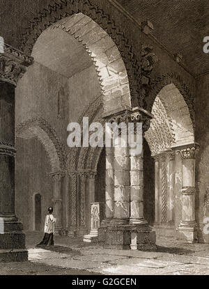 Interior of St Peter's church showing the Norman arches, and Saxon capital, Marefair, Northampton, England, 18th century Stock Photo