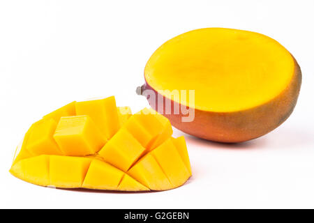 Mango slice cut to cubes isolated on white background Stock Photo