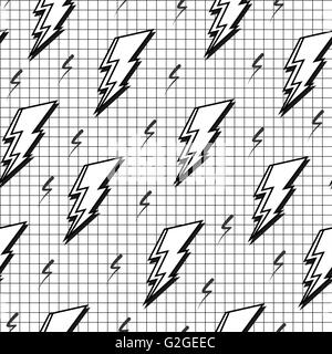 Black and white retro seamless pattern with pop art lightning bolt, 80s fashion style. Ideal for web background, print or fabric Stock Vector